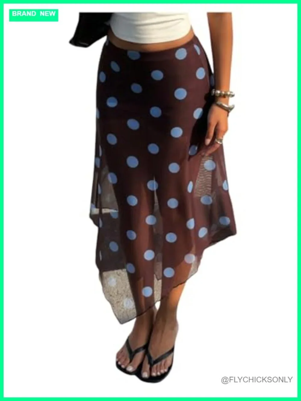 Polka Dot Mesh Midi Skirt Ruffle Flowy Sheer Women's